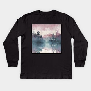 Pastel Colors Painting Of Mountain Trees With Purple Clouds Kids Long Sleeve T-Shirt